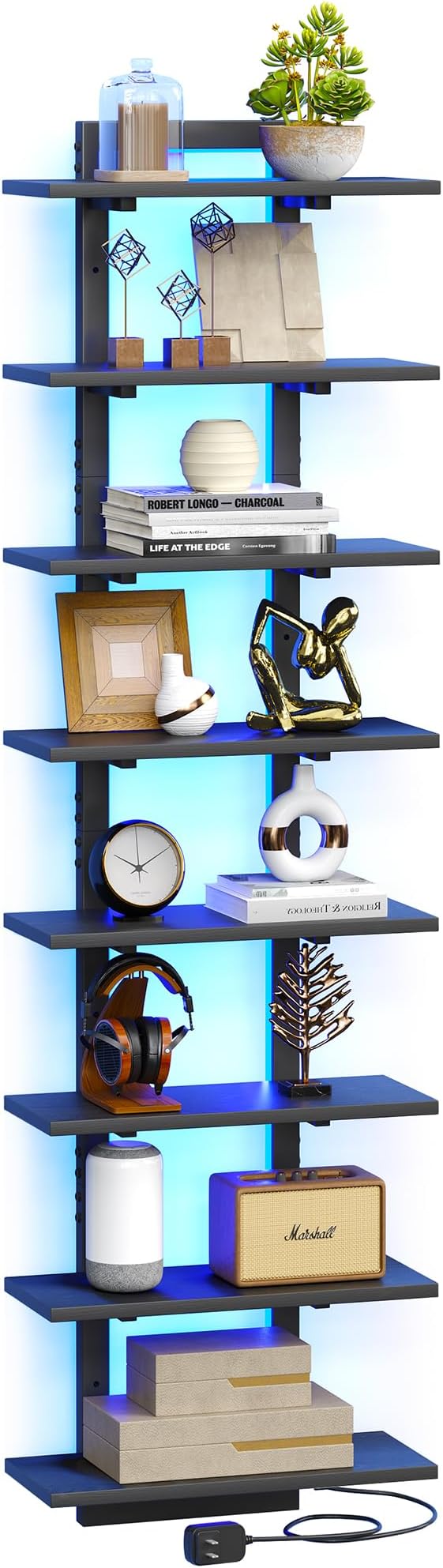 8 Tier Wall Shelf Unit Floating Shelves with LED Light, Vertical Wall Shelf, Wall Mounted Display Shelf for Living Room, Bedroom, Vanity, 15" W x 5.9" D x 58.3" H, Black