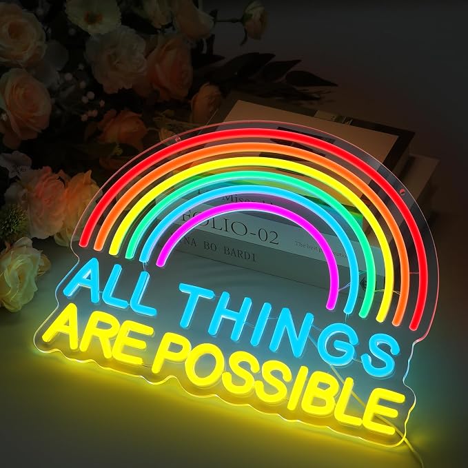 ALL THINGS ARE POSSIBLE Neon Lights, LED Neon Signs for Wall Decor, Rainbow Neon Light Sign Neon Room Decor,USB Night Lights for Bedrooms,Bookshops,Libraries, Classrooms,Florists, Parties, Holiday Gifts(16.5*12.6in)
