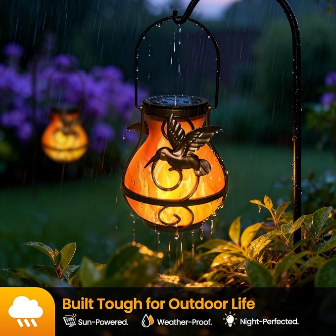 2 Pack Solar Lanterns Outdoor Waterproof, Plastic Flickering Flame Lights with Hummingbird Design, Hanging Solar Lantern for Patio, Porch & Garden Decoration, Gifts for Women, Mom