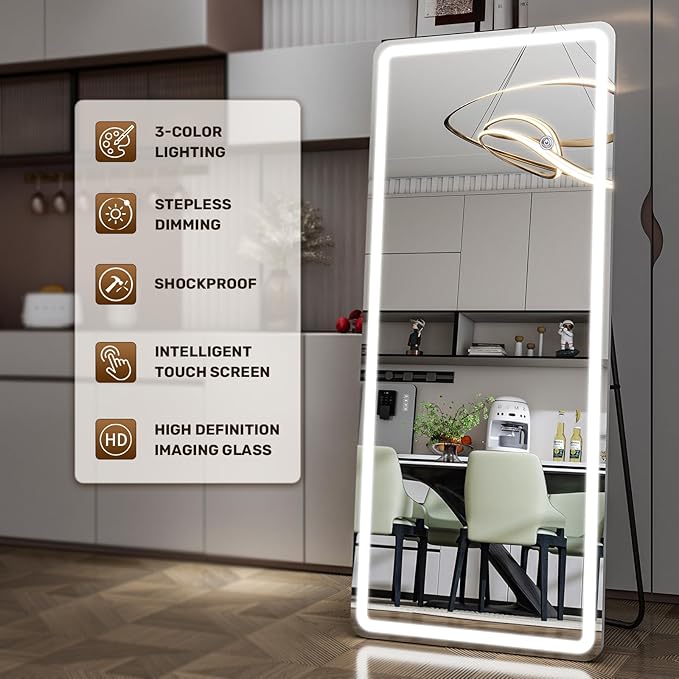 Easly 26x68 inch Full Length Mirror with Lights, LED Lighted Floor Standing, Hanging Mirror Full Length with Stand Free, Full Body Dressing Mirrors with Dimmable 3 Color LED