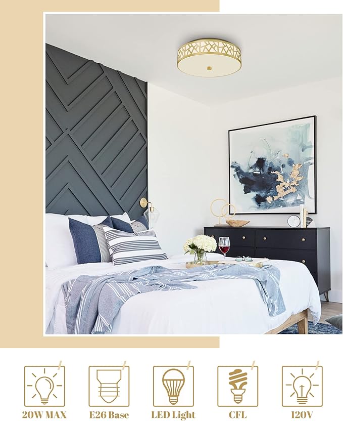 2-Light Flush Mount Ceiling Light, 12 inch Modern Close to Ceiling Light Fixture with Gold Metal and Frosted Glass Shade for Hallway, Kitchen, Bedroom