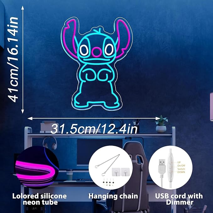 For Stitch LED Neon Wall Light Sign, Blue and Pink, Dimmable, 16.14x12.5 Inch, USB Powered, Room Decor for Girls Bedroom, Christmas Birthday Gift