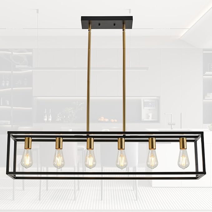 Rectangle Chandeliers Kitchen Light Fixtures Farmhouse Dining Room Light for Dining Rooms,Black&Brushed Brass Light Fixture Matte 6-Light Industrial Pendant Lighting