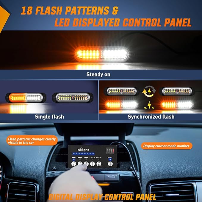 Nilight 8PCS Led Strobe Lights with Controller 12V 24V Sync Feature Amber White Strobe Light 12 LED Surface Mount Emergency Hazard Warning Lights with Strobe Controller for Vehicle Car Truck RV ATV
