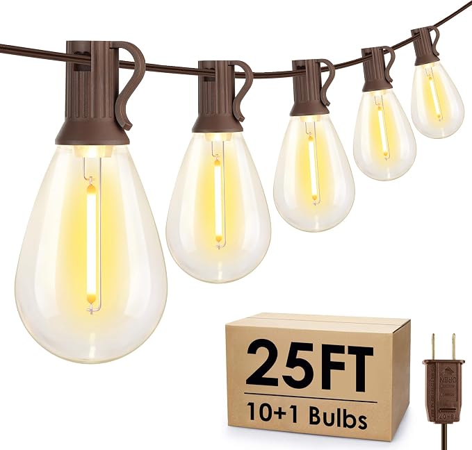 25FT LED Outdoor Patio String Lights, 10+1 Edison S11 Bulbs, Brown | Plug in, Dimmer not included, Dimmable, Waterproof, Shatterproof, Connectable Hanging Lights for Cafe Party Fence Decor
