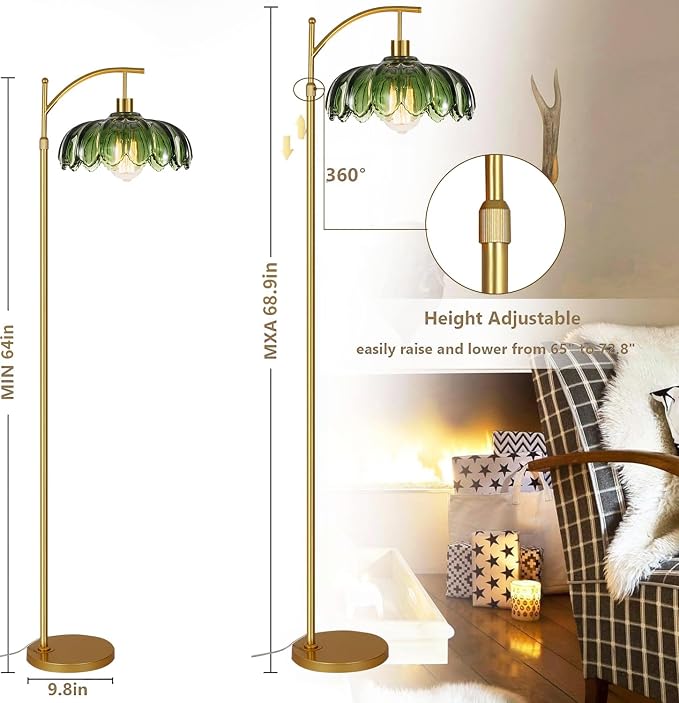ILLMTW Gold Floor Lamp for Living Room,Bedroom,Mid Century Modern Standing Lamp with Remote,Dimmable Brass Tall Lamp Vintage Retro Green Glass Arc Floor Flower Floor Light Boho Bohemian