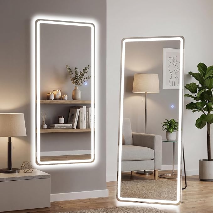 21"x64" LED Full Length Mirror with Stand, Full Body Wall Mirror | LED Lights 3 Color Lighting, Wall Hanging or Leaning, Floor Standing, Modern Simple Home Wall Decor