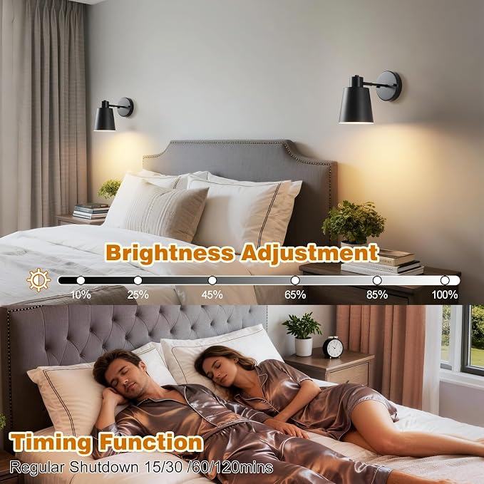 Black Battery Operated Wall Sconces Set of Two with Remote, Rechargeable Battery Powered Wall Lights, 3 Color Temperature, Dimmable, Modern Wireless Wall Lamps for Bedroom Living Room Hallway
