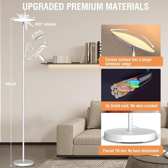 marctronic White Floor Lamps for Living Room, 44W/4500LM Super Bright 2 in 1 LED Floor Lamp with Remote, Stepless Dimmable, 69" Tall Standing Floor Lamp with Bendable Reading Light for Bedroom Office