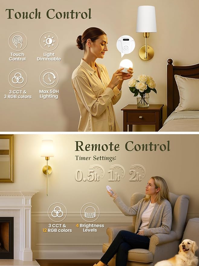 Battery Operated Wall Sconces Set of 2, Bronze, Dimmable & 15 RGB, 23 Inch | Renter Friendly, Rechargeable Magnetic Bulbs, Remote Control, LED Cordless Wall Lights for Living Room, Bedroom, Hallway