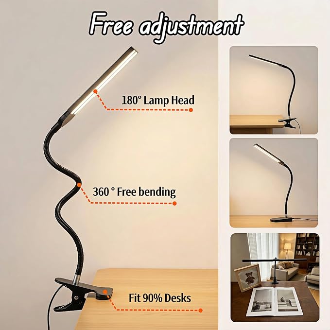 BUBBLE-FLY LED Clip on Reading Light, USB Desk Lamp with 32 LED Eye Protection, 360° Flexible Arm, Dimmable Clamp Light for Bed Headboard Home Office Study 7W Black