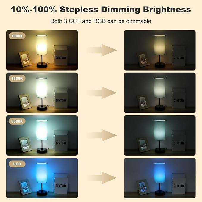 Table Lamp for Bedroom, 3 Color Temperatures, 7 RGB Colors, Adjustable Brightness, Dual USB Charging Ports, Ambience Nightstand Light with Blue Shade, Desk Lamp for Kids Reading Home Office