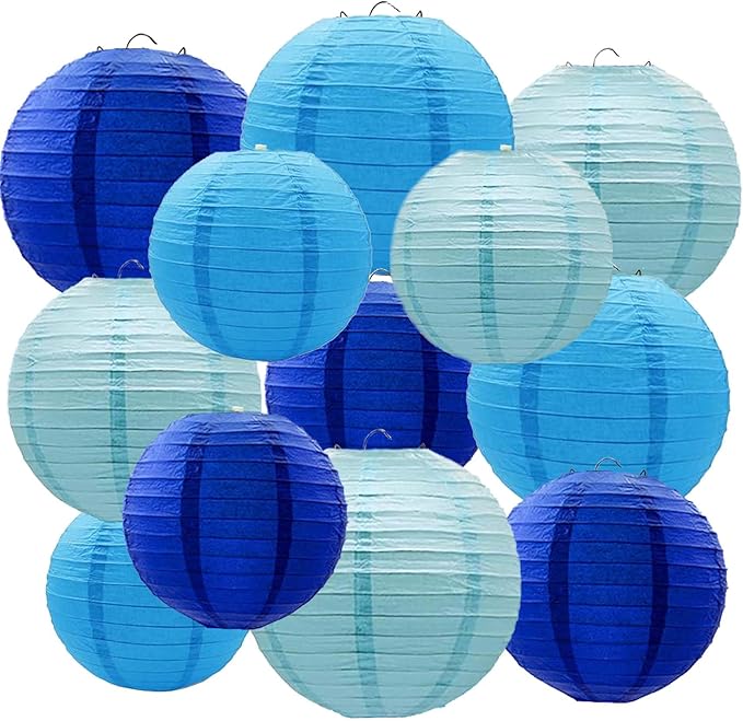Blue Paper Lanterns 12Pcs Hanging Round Paper Lanterns Decorative for Graduation Baby Shower Wedding Birthday Family Parties ﻿