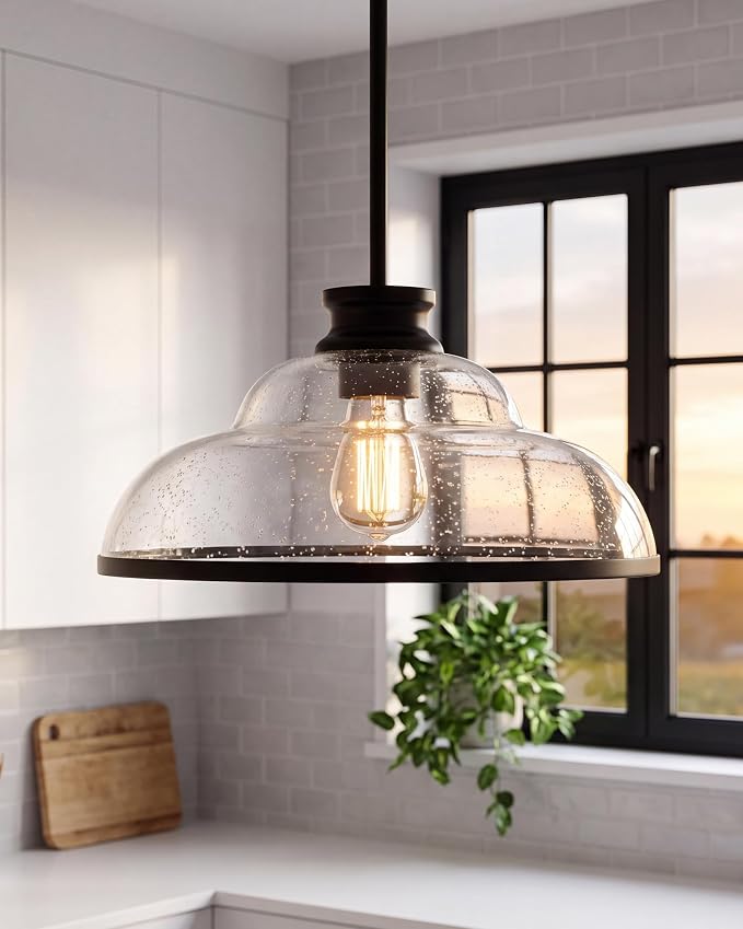 kudos 14" Black Seeded Glass Pendant Light Kitchen Island, KDPL14-BK-M | E26 Bulb Base, Hardwired, Farmhouse Styling, Adjustable Hanging Rods for Flat or Sloped Ceilings, for Kitchen Bars