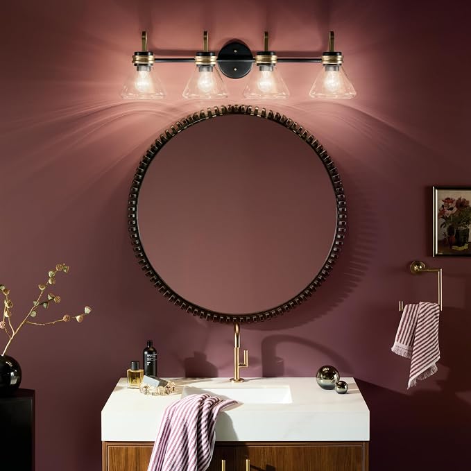Kichler Farum 4-Light Bathroom Vanity Light, Black | Modern vanity light with clear glass for single or double mirrors (34" x 9.5"), 55156BKCLR