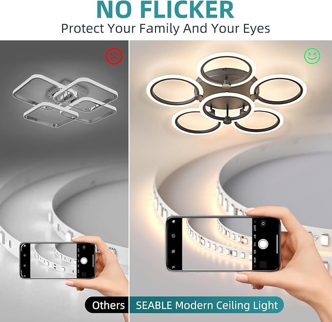 LED Ceiling Light, 6-Ring Modern Flush Mount Fixture, 77W Dimmable 3000K–6500K, Black Ceiling Light with Remote for Living Room Bedroom Kitchen (28.9")
