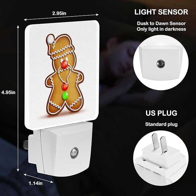 LED Night Light Lamp with Smart Sensor Dusk to Dawn Sensor,Christmas Cartoon Gingerbread Santa Night Light Daylight White,0.5W Plug-into Wall for Adults,Bedroom,Bathroom,Hallway,Kitchen