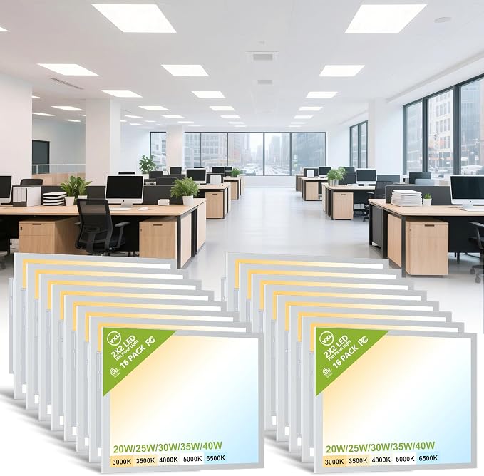 YXL 16 Pack 2x2 LED Flat Panel Light Drop Ceiling Light Fixture, 5200LM, 5CCT LED Drop Ceiling Office Light, 40W/35W/30W/25W/20W Selectable,6500K/5000K/4000K/3500K/3000K,Dimmable 0-10V,ETL