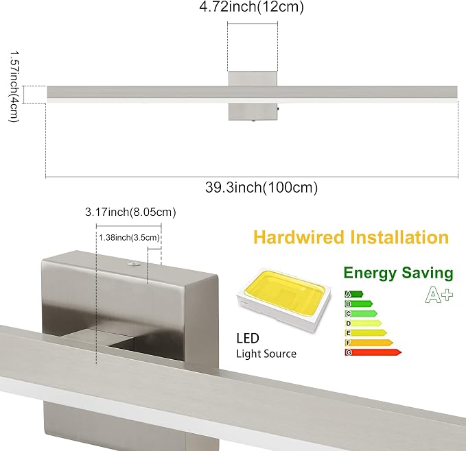 Nickel Bathroom Vanity Light Fixture 39.4'' 20W Dimmable 5CCT LED Hardwired | Bathroom Light Fixture Over Mirror, Bathroom Wall Sconce, Rust-resistant, ETL Certificated, 2700K/3000K/3500K/4000K/5000K