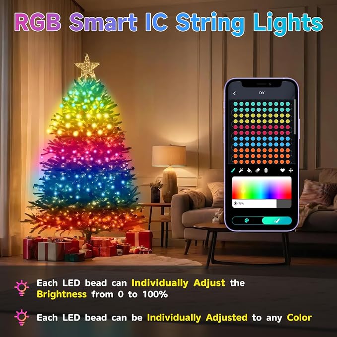 100 LEDs RGB Smart IC Fairy Lights, 33FT Multicolor String Lights Indoor | APP & Remote Control, USB Powered & IP65 Waterproof, Christmas Light Decoration for Outdoor, Christmas, Bedroom