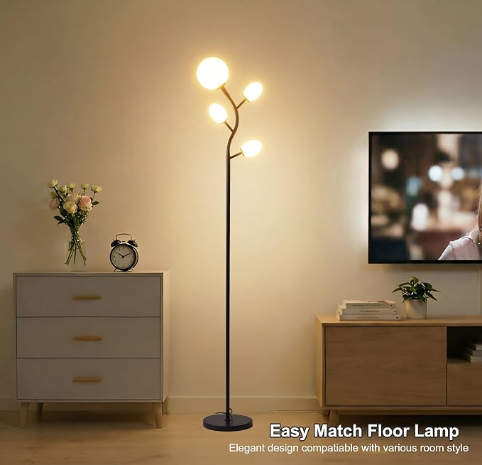 Fiqevs 4 Globe Floor Lamp for Living Room, Mid Modern Standing Tree Lamp | 3000K Warm White Light, 4 LED Bulbs Included, Sphere Ball Frosted Glass Shade Tall Lamp for Bedroom/Office, Matt Black