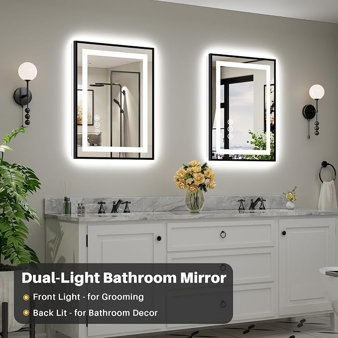 24x32 Inch LED Bathroom Mirror with Black Frame, Backlit & Front Lit | Anti-fog, 3 Color Dimmable, Memory Function, HD Reflection Tempered Glass, ETL Listed, IP54 Waterproof