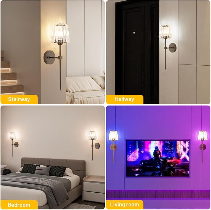 Crystal Battery Operated Wall Sconces Set of 2, Brown Rechargeable Wireless Wall Lights with Crystal Lampshade, 12 RGB and 3CCT Dimmable Wall Lamps with Remote for Bedroom Living Room Hallway