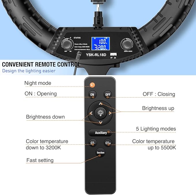 Yesker Ring Light 18" Wireless Remote LCD Screen with Tripod Stand 65W LED Ringlight Bi-Color 3200-5500K CRI≥95 for Portrait Live Stream Photography Tiktok Video Zoom Meeting Online Teaching