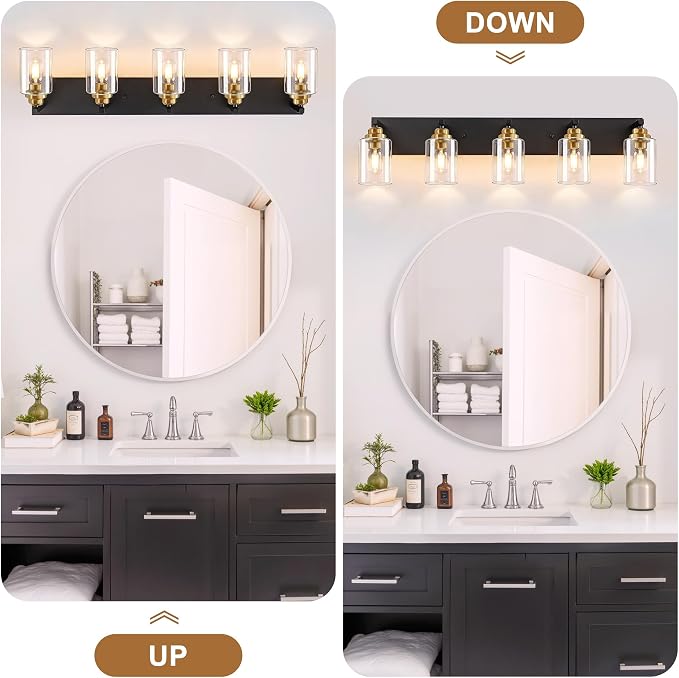 5-Light Black and Gold Bathroom Vanity Light, Clear Glass Shade | 35.4" Wall Mount Over Mirror Lighting Fixtures, Brushed Gold Finish, Durable Metal, Modern Farmhouse Style, for Bathroom