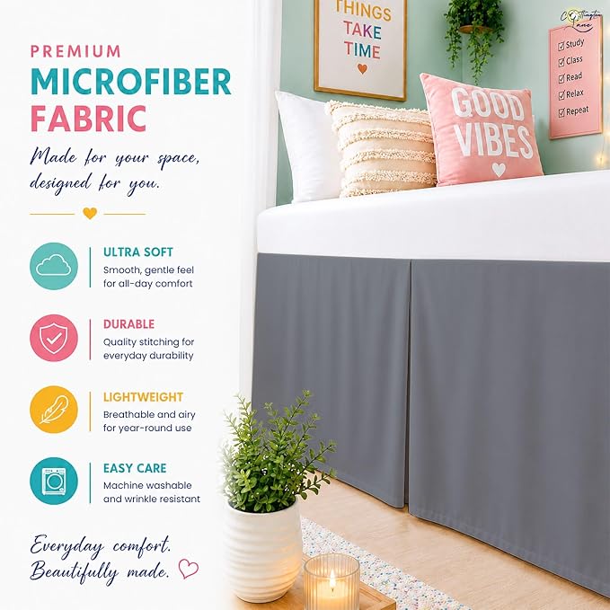 Cottington Lane Tailored Box Pleated College Dorm Bed Skirt Twin XL, Hotel Quality Premium Brushed Microfiber Extra Long Bedskirt Twin XL 34 Inch Drop, Dark Grey Dorm Bedding