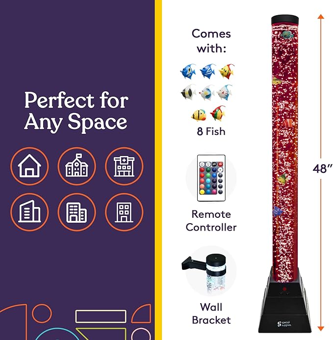Special Supplies Aquarium Sensory Fish Bubble Light Tube with 16 LED Color Changing Nightlight Effect, Remote Control, and 8 Fishes, Colorful Floor Standing Lamp for Kids and Adults (4 feet) (Style 2)