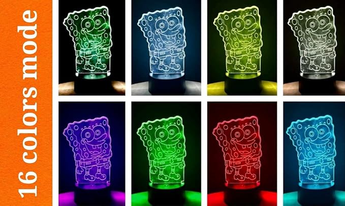 Sponge Bob 3D Illusion Night Light. USB Cable or Battery Support Touch Sensor Mode with Multiple Colors Changing.