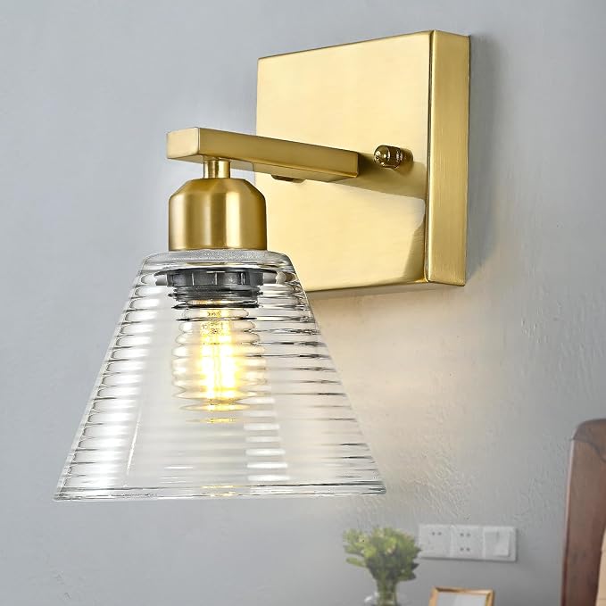 1-Light Bathroom Vanity Light, Gold Modern Bathroom Lighting Fixtures with Clear Glass Shade, Farmhouse Wall Sconces for Mirror Kitchen Bedroom Living Room