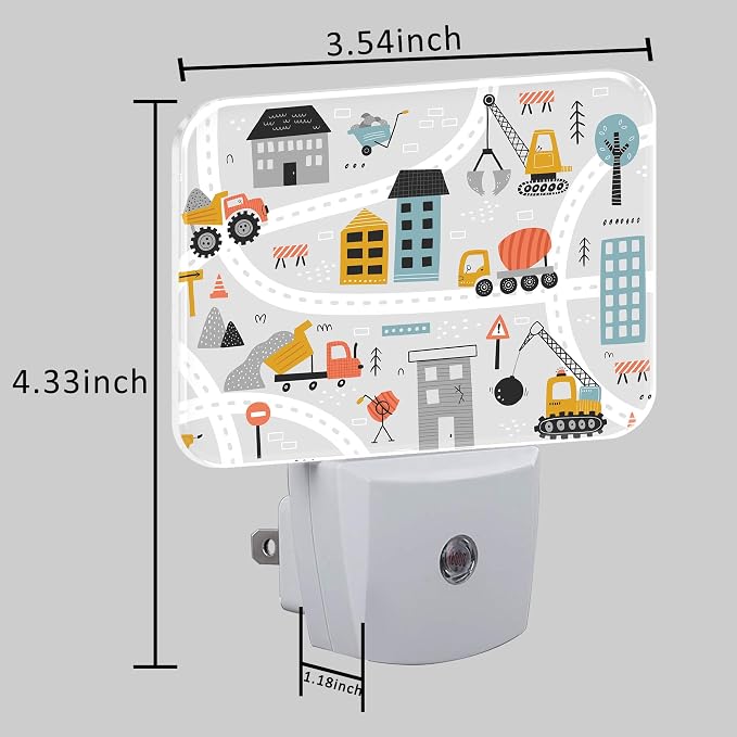 Cartoon Construction Vehicle Night Light for Kids Girls Boys, Building Scene LED Night Light Plug into Wall with Dusk to Dawn Sensor for Bedroom, Hallway, Kitchen, Bathroom, Stairs Decor