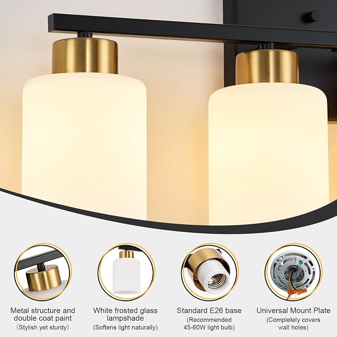 FonmYim Black and Gold Bathroom Light Fixtures Vanity Lights Over Mirror | Modern 4-Light lighting fixtures for bathroom with Milky White Frosted Glass Shades, E26 Socket (Bulbs Not Included)