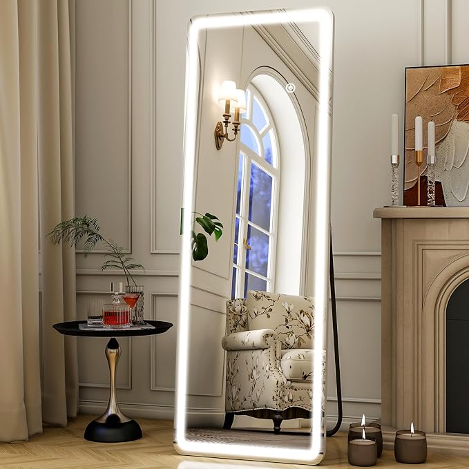 Easly Full Length Mirror - 16" x 60" Mirror Full Length with LED Lights Adjustable Screen Brightness, Wall Mounted or Freestanding, Full Body Mirrors for Bedroom, Living Room, Cloakroom,Salon