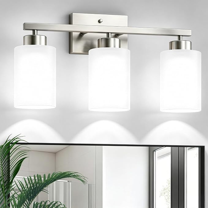 IZORRO Modern Bathroom Light Fixtures, 3 Light Brushed Nickel Vanity Lights, Bathroom Lighting Fixtures Over Mirror with White Glass for Living Room Cabinet Bedroom