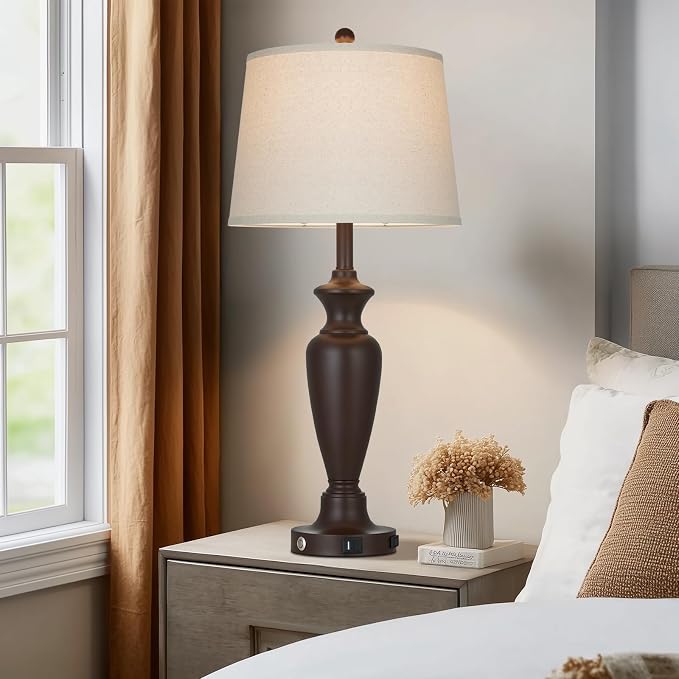 Cinyirong 30" Tall Brown Table Lamp for Living Room, 3-Way Dimmable Touch Control Bedside Lamp for Bedroom Nightstand with USB A+C Ports & AC Outlet (1 Pack)