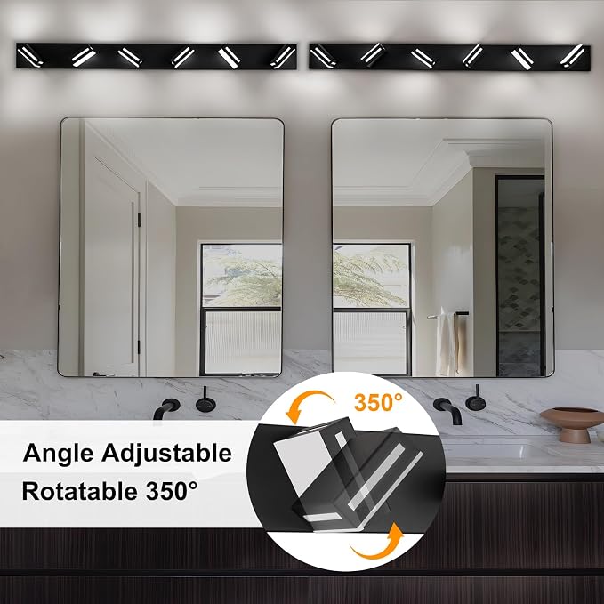 LED Modern Bathroom Light Fixtures, 6-Light 48-Inch Matte Black Vanity Lights for Bathroom Lighting Fixtures Over Mirror, 6000K Cool White 350° Rotatable Wall Lamp