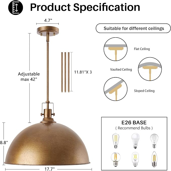 LamQee 18 Inch Antique Brown Large Pendant Light Kitchen Island, Farmhouse Modern Dome Pendant Light Fixtures Ceiling Hanging Lighting Chandelier for Dining Room Over Table, Bar, Hallway, Entryway