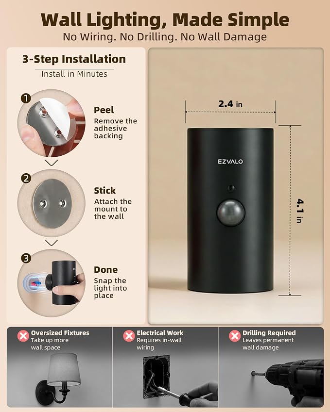 EZVALO Motion Sensor Wall Sconce with Remote, 4000mAh Rechargeable Battery Operated Wall Light, 3 CCT & 12 RGB Colors, Up & Down LED Lighting for Hallway, Stairway (Black, 1 Pack)
