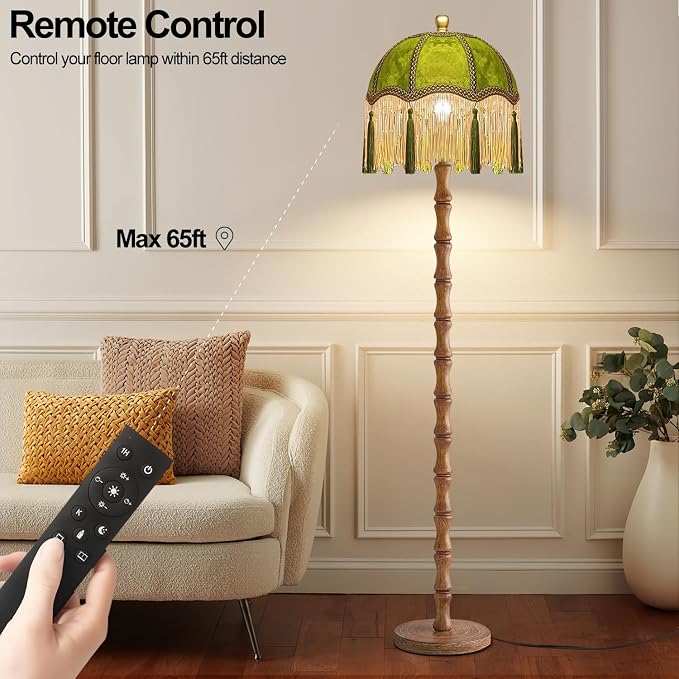 ILLMTW Vintage Floor Lamp for Living Room,Bedroom,Dimmable Standing Lamp with Remote,Green Mid Century Gold Tall Lamp Boho Retro Floor Light Wood Fringe Tassel Flower Unique Tiffany Victorian Decor