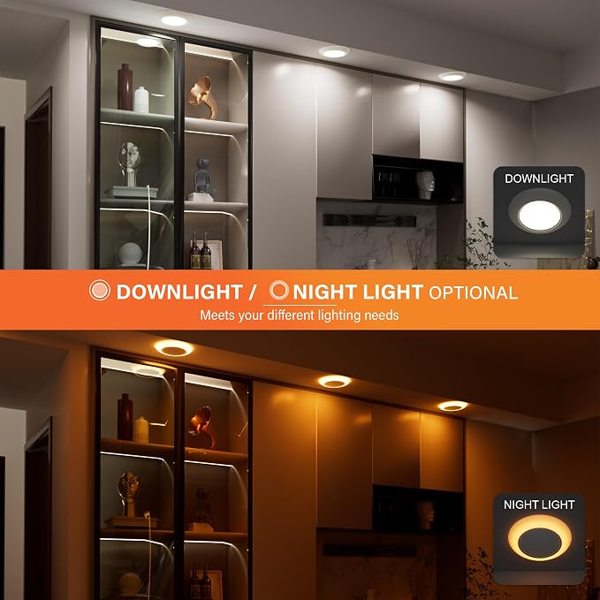 6 Inch LED Low Profile Disk Light with Night Light, 120VAC, 15W, 5CCT Color Changing, 1000LM, Dimmable, ETL, Shower Wet Rated Screw in Flush Mount Ceiling Light, White/8 Packs