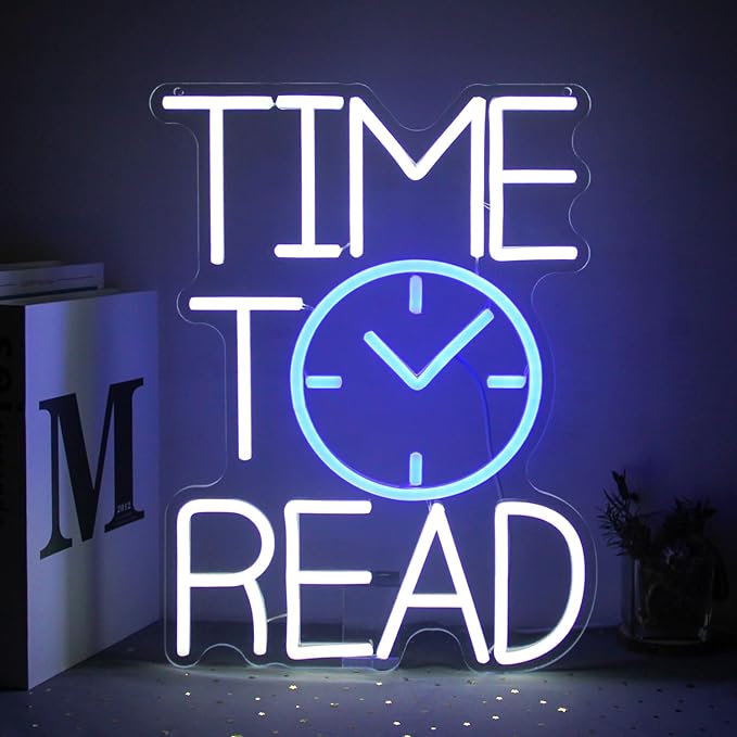 Time To Read Neon Sign Read Books Neon Lights for Bedroom Bookstore Decor | White Letter LED Signs, Blue Clock Neon Read Light Up Sign, Dimmable Acrylic Wall Art, USB Powered, Reading Corner Decor