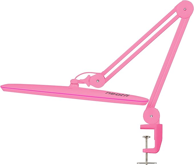 Neatfi XL 2,200 Lumens 24W LED Desk Lamp – 23” Wide Shade | Dimmable Eye-Caring Task Light | Adjustable Arm | Home Office, Study, Crafts & Nail Tech (Non-CCT with Clamp, Pink)