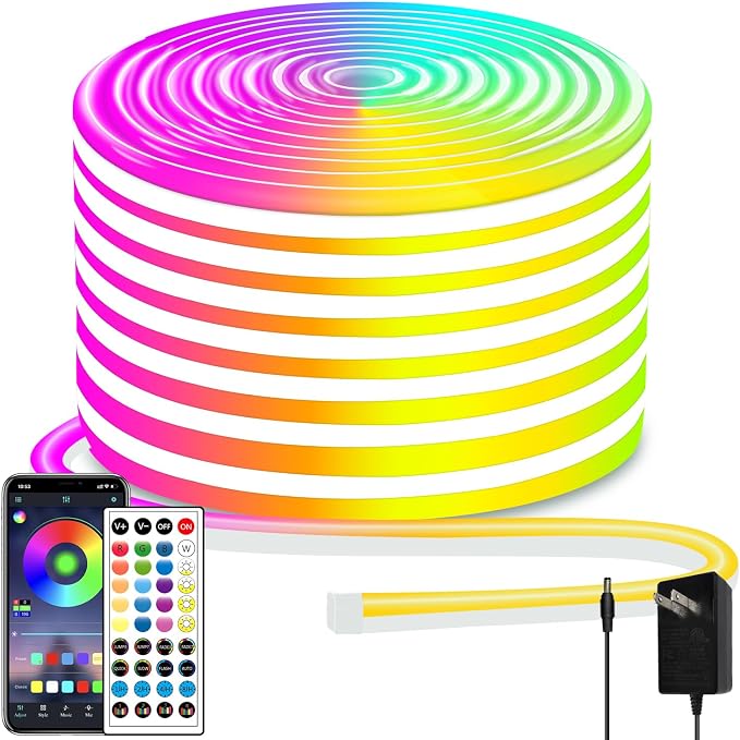 segrass 50ft Led Neon Rope Lights,Control with App/Remote,Flexible Led Rope Lights IP67 Outdoor RGB Neon Lights Waterproof,Music Sync Color Changing, led Lights for Bedroom Indoor
