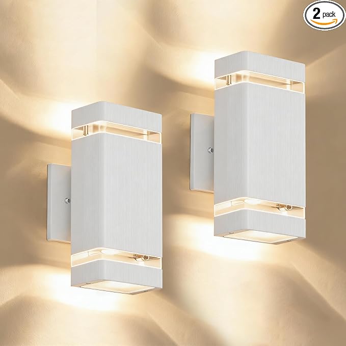JYV Square Outdoor Wall Lights, Up and Down Porch Lights, White 2 Pack | Aluminum Exterior Lighting Fixtures with 2 * 7W Bulbs 3000K, Waterproof Outdoor Sconces Wall Lighting, for House Porch Garage