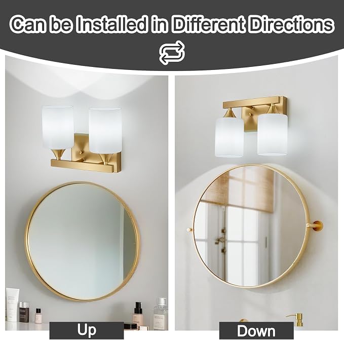 ZHU YAN 2 Light Vanity Lights for Bathroom,Gold Bathroom Vanity Light,Milky White Glass Shades,Modern Bathroom Wall Lamp for Mirror Living Room Bedroom E26 Socket