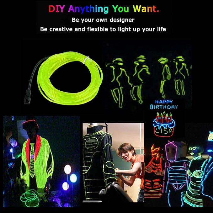 JIGUOOR EL Wire Battery Pack 9.8ft / 3m Bright Neon Light Strip 360° Illumination Neon Tube Rope Lights for DIY, Festival, Party Decoration, Pub, Halloween, Chrismas (9.8ft / 3m, Fluorescent Green)