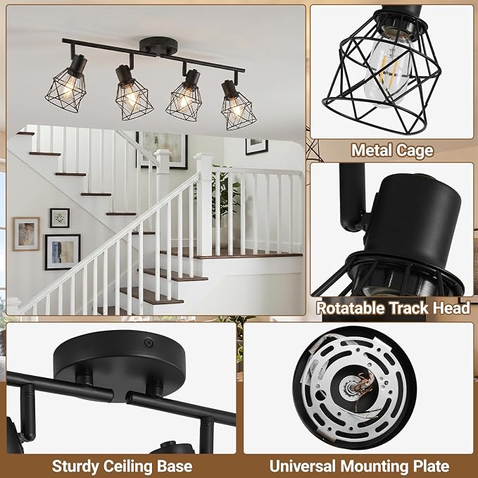 LOUSACE 4-Light Ceiling Track Lighting Fixtures, Multi-Directional Flush Mount Ceiling Spot Lights, Rotatable Black Track Light with Metal Cage for Dining Room, Living Room, E26 Base